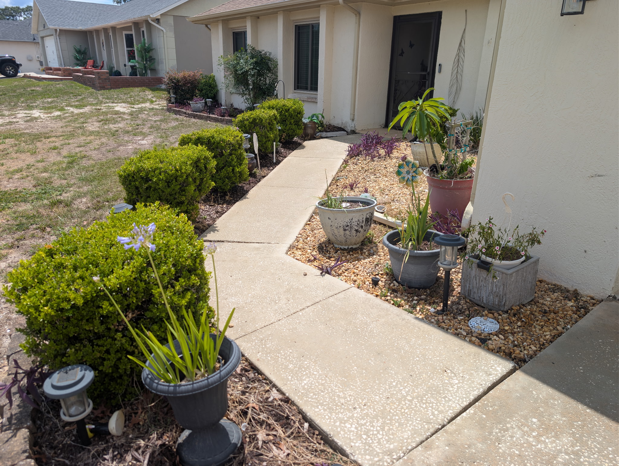 Clean, bright walkway and landscaping after exterior cleaning